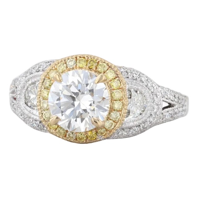 1.87ctw White Yellow Diamond Halo Engagement Ring 18k White Gold Size 8 Gia For Sale