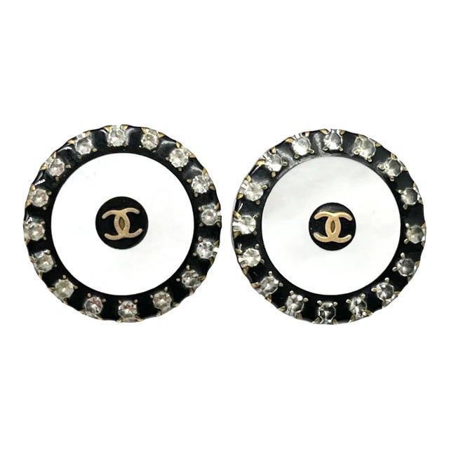 Chanel Vintage Gold Plated CC Mother of Pearl Crystal Rim Clip on Earrings - 2 Pieces For Sale