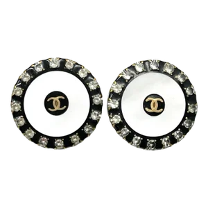 Chanel Vintage Gold Plated CC Mother of Pearl Crystal Rim Clip on Earrings - 2 Pieces