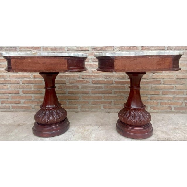 Carved Wood Demi Lune Nightstands with Marble Top, 1940, Set of 2 For Sale - Image 16 of 17