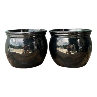 Vintage Ceramic Planters in Black Over Green Glaze - Set of 2 For Sale