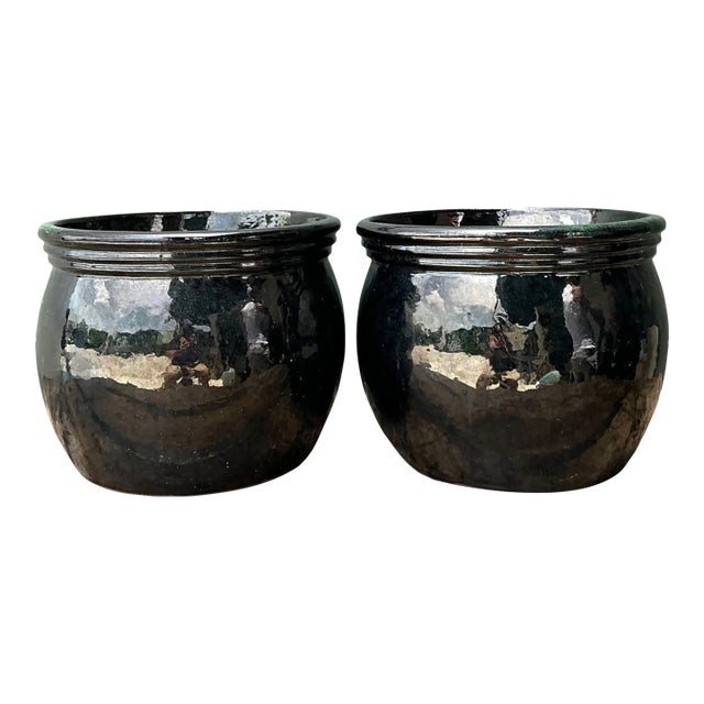Vintage Ceramic Planters in Black Over Green Glaze - Set of 2 For Sale
