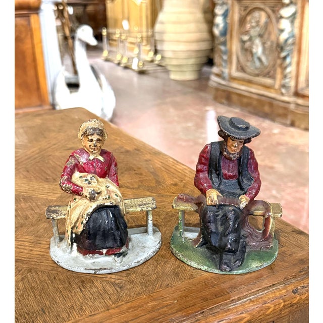 Mid 20th Century Pair 19th Century French Hand-Painted Cast Iron Figural Bookends For Sale - Image 5 of 9