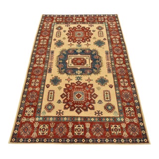 Kazak Rug 4’1” X 6’4” Beige Wool Tribal Hand-Knotted Carpet For Sale