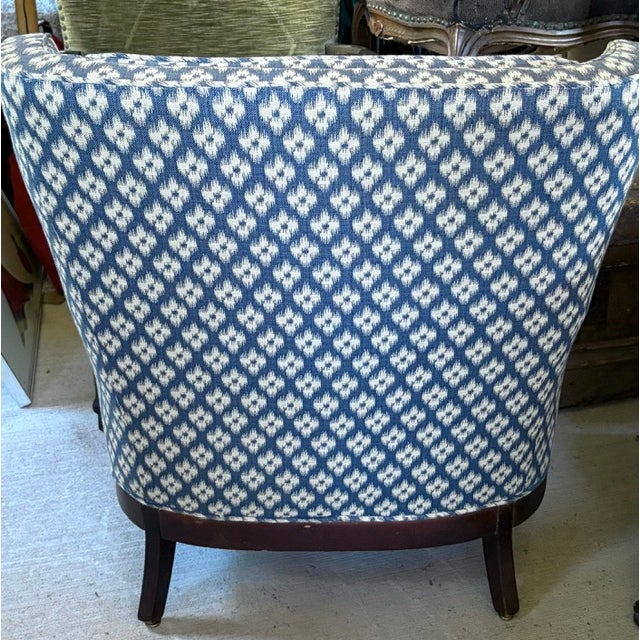 Wood Mid Century Queen Anne Style Modified Wing Back Chair in Ikat Upholstery For Sale - Image 7 of 9