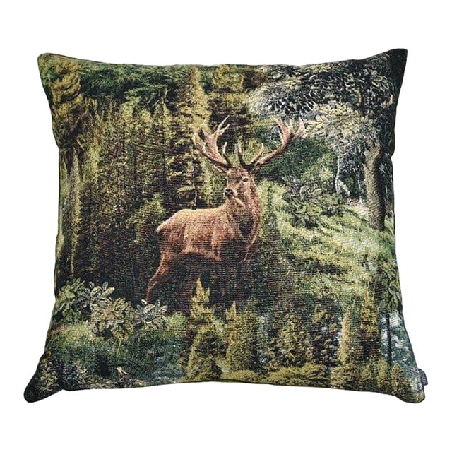 Woodland Stag Tapestry Cushion With Feather Filler - 46x46cm (18"x18") For Sale
