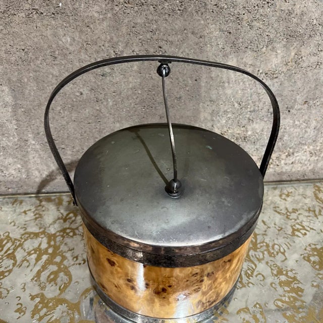 Mid-Century Modern Italian Olive Burl Wood Silver Chrome Ice Bucket Italy For Sale - Image 11 of 14