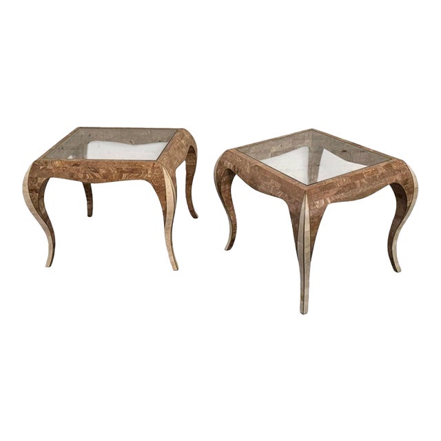 Pair of Maitland Smith Style Stone Tables With Glass Tops For Sale