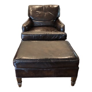 Hickory Chair Company Leather English Arm Chair & Ottoman For Sale