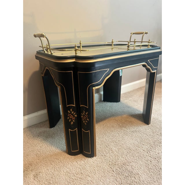 1970s 1970s Attributed to Drexel Heritage "Et Cetera" Chinoiserie Black Lacquer & Mirror Brass Tea Table For Sale - Image 5 of 5
