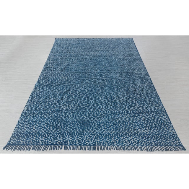 Blue Indigo Hand Woven Bohemian Cotton Flatweave Kilim Rug, Boho Blue Rug 6x9 Ft. For Sale - Image 10 of 10