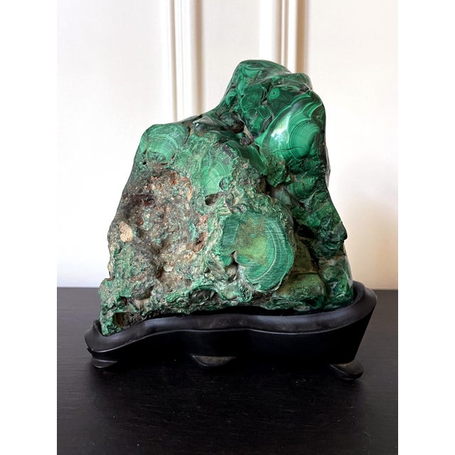 Wood Striking Natural Malachite Specimen on Display Stand as Scholar Stone For Sale - Image 7 of 12