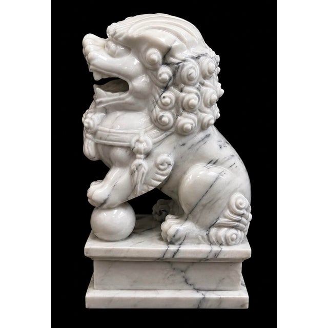 Japanese Monumental Hand-Carved Japanese Marble Guardian Lions (Komainu) – Matching Pair For Sale - Image 3 of 6