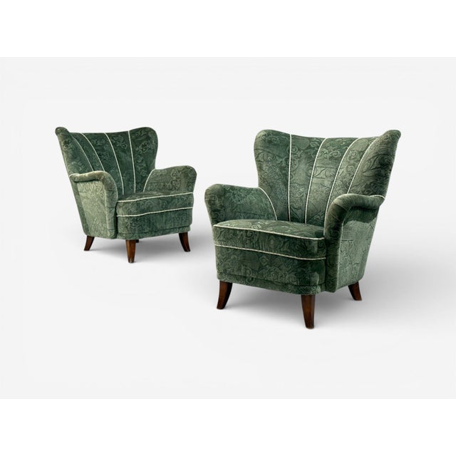 Ilmari Lappalainen, Asko, Finnish Mid-Century Modern, "Laila" Lounge Chairs, Beech, Green Fabric, Finland, 1950s Pair of...