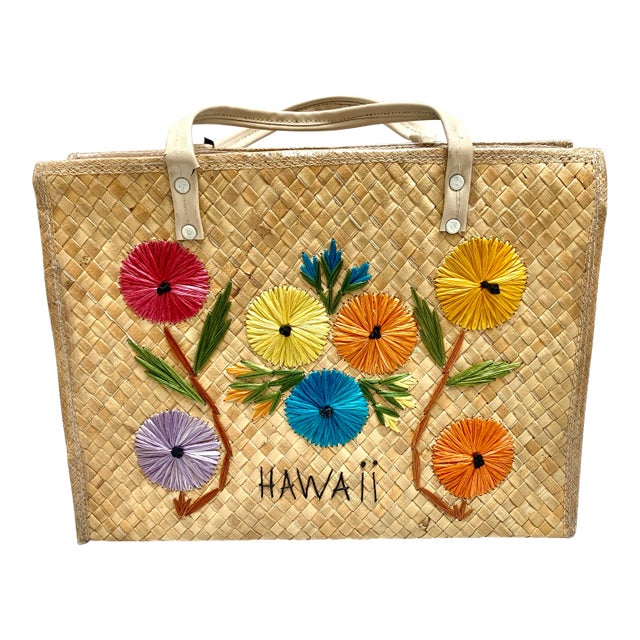 Vintage Midcentury Hawaiian Souvenir Basket Tote Bag For Sale