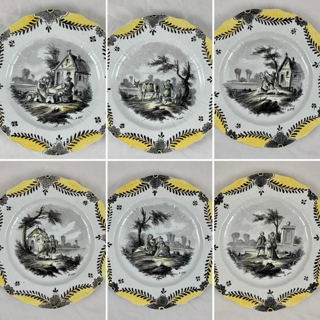 French Faïence Hand Painted Romantic Grisaille & Cirage Plates, S/6 For Sale - Image 4 of 13
