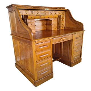 1890's Edwardian Oak Roll Top Desk For Sale