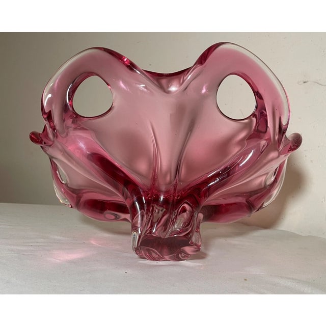 Pink Vintage Hand Blown Pink Red Glass Italian Centerpiece Footed Bowl Murano For Sale - Image 8 of 12