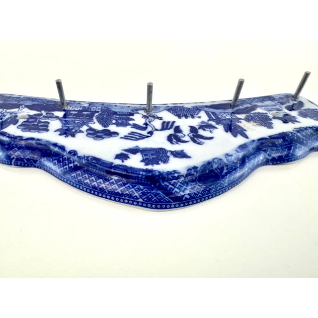 Vintage Blue Willow Transferware Wall Rack Key Holder With Metal Pegs For Sale - Image 4 of 9