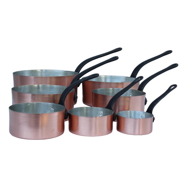 Vintage Copper Pans with Metal Handles, Set of 7 For Sale