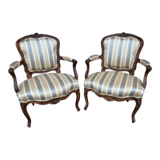 Pair of 18th Century French Louis XV Walnut Fauteuils, Carved Provincial Armchairs For Sale
