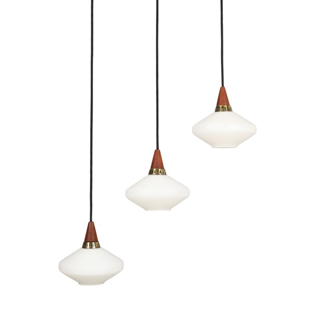 Mid-Century Modern Danish Glass Pendant Lamps with Teak Top, 1960s, Set of 3 For Sale