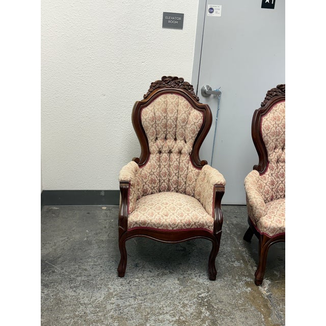 1970s American Furniture Galleries Victorian Rococo Revival Gentleman’s + Lady’s Parlor Chairs, 1970s For Sale - Image 5 of 13