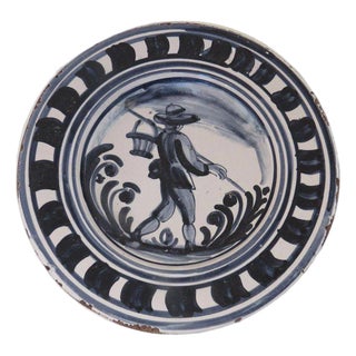 Vintage Hand Painted Faience Plate Country Farmer Blue and White (A) For Sale