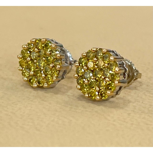 2010s 2 Carat Yellow Diamond Floral Cluster Flower Stud Earrings 14 Karat White Gold For Sale - Image 5 of 18