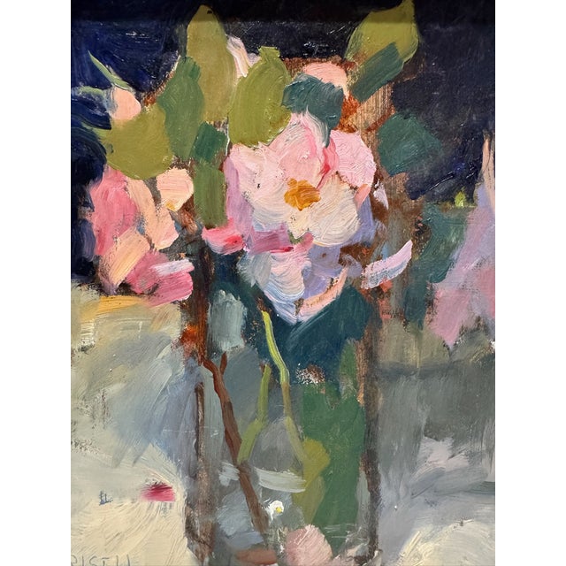 Original floral still life by American artist Susan Grisell, depicting loosely painted pink and white flowers in a glass...