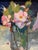 Original floral still life by American artist Susan Grisell, depicting loosely painted pink and white flowers in a glass...