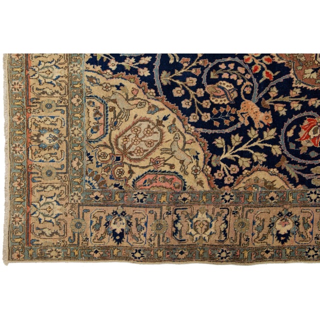 Medallion Antique Wool Rug Persian Tabriz in Navy Blue For Sale - Image 4 of 9