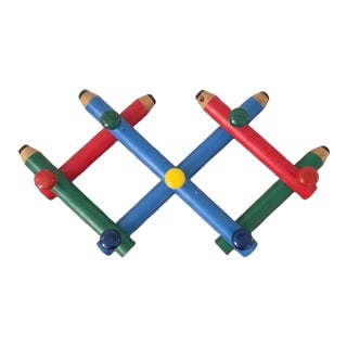 Pierre Sala Memphis Style Coat Rack, Vintage Postmodern Pencil Wall Hooks, Colorful 1980s Wooden Wall Rack, Italian Design For Sale