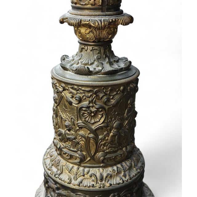 Mid 19th Century Fine Pair French Mid 19th Century Converted Brass Repoussé Moderator Oil Lamps C1860 For Sale - Image 5 of 12