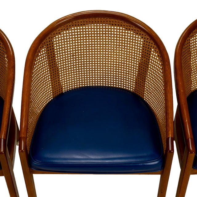 1970s Set of 4 Bent Oak & Cane Tub Chairs on Casters W/ Royal Blue Cushions in the Manner of Ward Bennett For Sale - Image 9 of 18