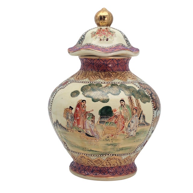 Antique Japanese Satsuma Moriage Covered Ginger Jar With Chinese Figures For Sale - Image 4 of 17