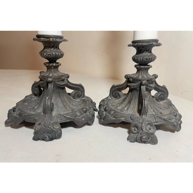 Pair of Antique Bronze Patinated Ornate Porcelain Candlesticks Candle Holders For Sale - Image 4 of 13