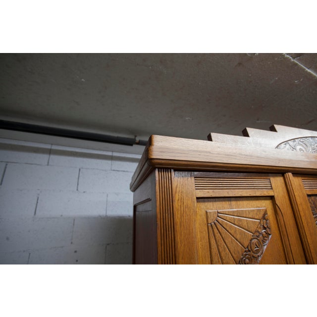Flemish Art Deco Carved Oak Wardrobe, 1930 For Sale - Image 15 of 18