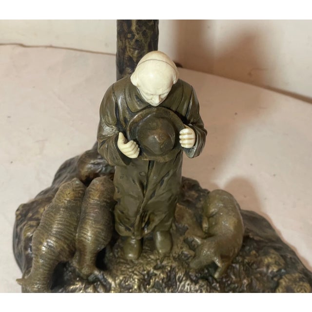 Antique Bronze Figural Sheep Herder Tree Carved Electric Table Lamp Sculpture For Sale - Image 13 of 18