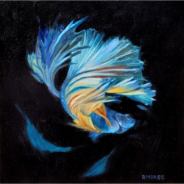 Betta Fish by Ryan Morse | Oil on Panel Oil painting of a colorful betta fish on a dark background. For Sale