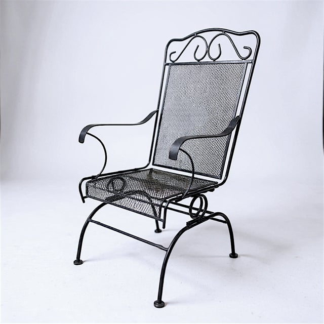 Metal Vintage 1990s Hi-Back Black Cast Iron Mesh Coil Sprung Rocking Arm Chairs - Set of 6 For Sale - Image 7 of 9