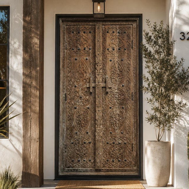 Wood Antique Indian Hand-Carved Double Doors – Rustic Farmhouse Teak Wood Architectural Salvage For Sale - Image 7 of 7