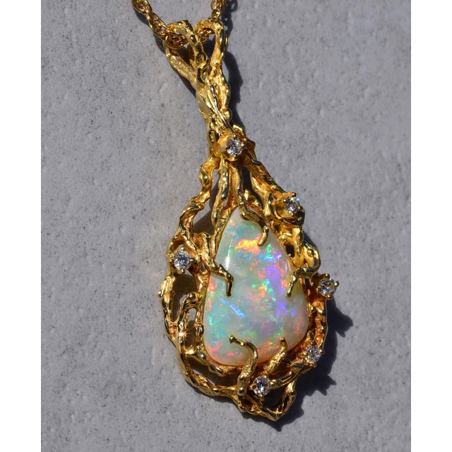 The Cicero: Ladies Brutalist Style 14K Yellow Gold Opal and Diamond Pendant For Sale - Image 4 of 4