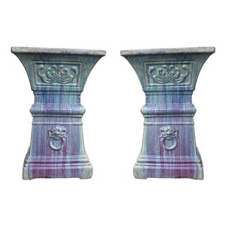 Italian Deruta Lion Mask Garden Pedestals in Glazed Ceramic, Set of 2 For Sale