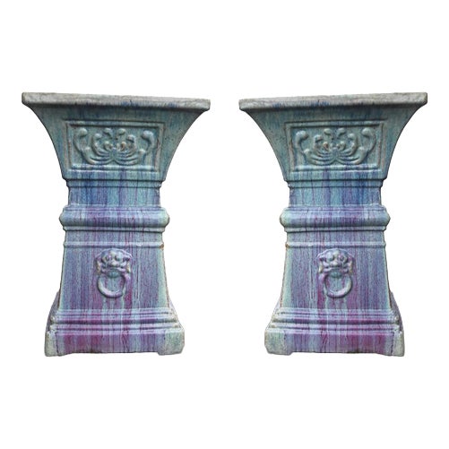 Italian Deruta Lion Mask Garden Pedestals in Glazed Ceramic, Set of 2 For Sale