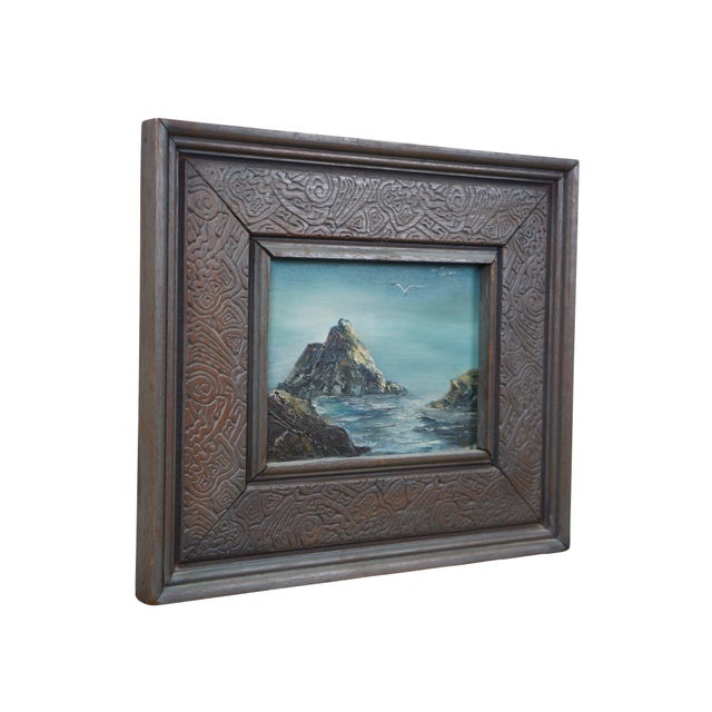 Vintage 20th century oil on canvas seascape painting showing a rocky sea's coastline with several gull birds. Signed...