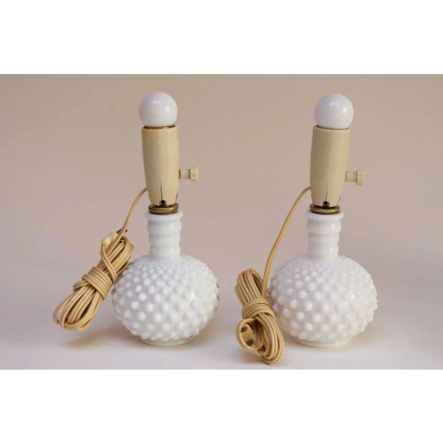 Pair of petite vintage hobnail-form milk glass table lamps (ca. 1950, USA). Charming, elegant pieces to enhance a boudoir...