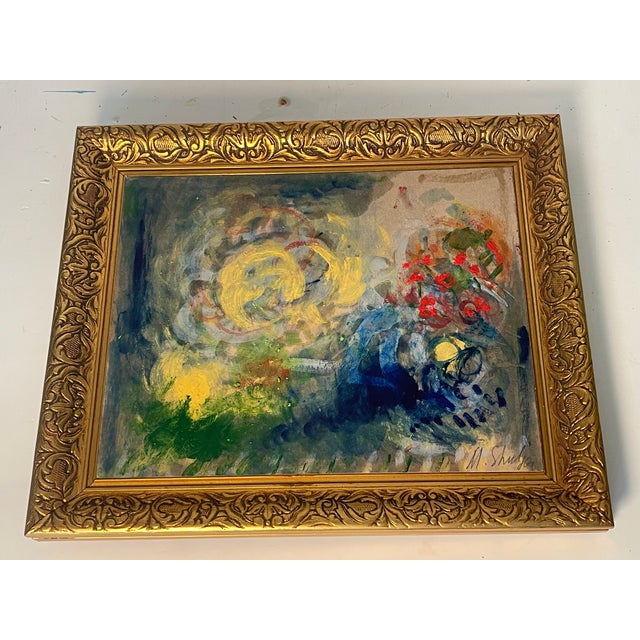 Colorful abstract mixed media painting on cardboard, Dimmer Musing, signed M Shulga.