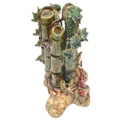 Late 20th Century Vintage Majolica Cucumber & Bamboo Vase For Sale - Image 5 of 11