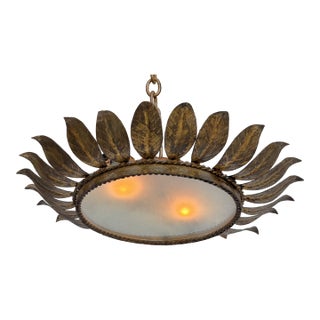 Vintage Spanish Gilt Metal Flush-Mount Ceiling Fixture, Circa 1950s For Sale